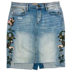 Driftwood Skylar Distressed Floral Embroidered Denim Skirt Blue 27